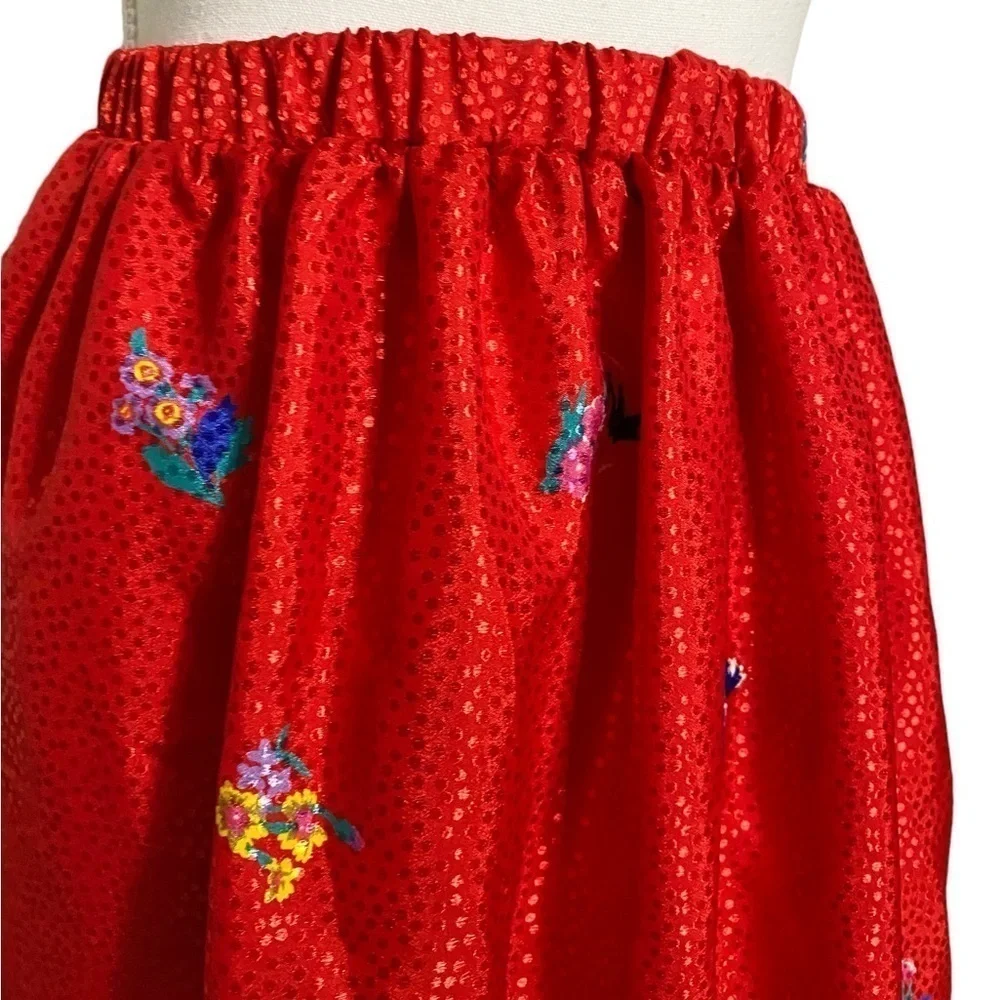 Handmade Red Shiny Polka Dot and Floral Midi Skirt